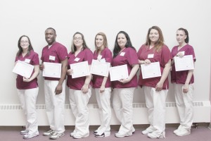 Photo by Keith Stewart CNA Graduates Mason Point held their second annual Certified Nurses Aides Graduation last week. The prospective CNAs underwent an eight week course, learning the 21 CNA skills and other valuable knowledge. Graduates were (left to right) Justine Grass, Terrence Harper, Stephanie Jenkins, Misty Lewis, Bobbie Miller, Katie Paddock, and Jennifer Wishart.