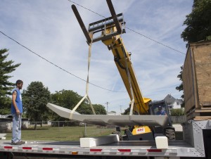 Workers from T&C Transport of Gays unload a skate ramp Monday morning that is one of several pieces soon to be installed at Tom Conn Park in Lovington.