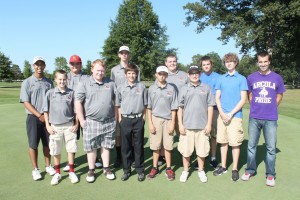 Photo by Keith Stewart Pictured is the Arcola-Arthur/Lovington-Atwood-Hammond Golf Team. Front row, left to right: Parker Ingram, Robert Hill, Clayton Miller, Mitchell Bernius, and Shandon Herschberger. Back row: Derek Rhodes, Tyler Kearns, Noah Yantis, Chris Davis,Dylan Bugos, and Coach Tyler Renshaw. Not pictured is Bailey Conner.