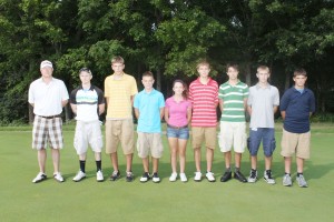 Photo by Keith Stewart Pictured is the Okaw Valley Golf Team, from left to right: Coach Andy Wagner, Colton Sroka, Devon Still, Jay Orris, Paige Harlin, Logan Tipsword, Drew Fruchtl, Justin Johnson, and Connor Cloyd.