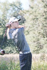 Photo by Keith Stewart Arthur/Lovington-Atwood/Hammond-Arcola golfer Noah Yantis eyes his drive during Monday evening’s contest. Yantis shot a 41, the second lowest team score and was runner up medalist behind teammate Chris Davis, who shot a 39.