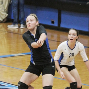 Photo by Keith Stewart OV’s Amy Orris prepares to receive a volley as libero Shelby Dash provides support.