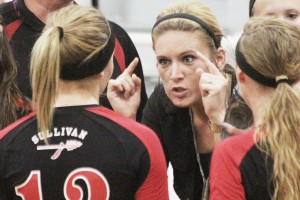 Photo by Keith Stewart Sullivan head coach Heather Lindenmeyer tells her team to get focused during a second set timeout Tuesday night. The Redskins did just that, cruising to a 25-19 win.