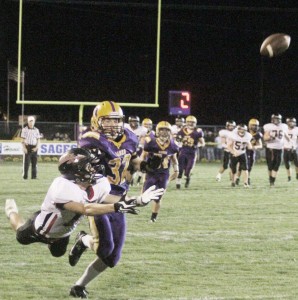 Photo by Keith Stewart SOV’s Devin Mosier leaps for the grab during Friday’s game at Monticello. The Redskins lost 27-14, but managed to do more damage than any other team Monticello has faced so far this year.