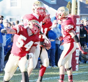 Photo by Darian Hays The Knights’ tenacious linebacker Logan West lets off some excitement during Saturday’s contest against Maroa-Forysth. West recorded 11 tackles on the day, including eight individually.