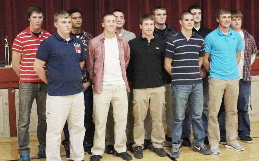 Photo by Darian Hays ALAH Football Banquet The Arthur-Lovington/Atwood-Hammond football team held their sports banquet Tuesday, November 19. Pictured, Front row, L-R: David Rosenbaum, Most Improved; Tyler Schuring, captain & offensive player of the year; Curtis Plank, captain; Steven Wright; and Mitchell Helton, captain & coaches’ award. Back Row, L –R: Jesse Ruff; Jordan Feagin, special teams player of the year & offensive player of the year; Logan West, captain, defensive player of the year, & MVP; Colton Yeakley; Dylan Black; and Brandon Bontrager. Not pictured is Ethan Gingerich, lineman of the year. The team also celebrated 15 All-LOVC selections. First team: Logan West, offensive lineman, linebacker; Tyler Schuring, quarterback; Jordan Feagin, running back, defensive back; Curtis Plank, wide receiver, defensive back; Ethan Gingerich, defensive lineman; Jesse Ruff, punter. Second team: Dylan Black, offensive and defensive lineman, ; Colton Yeakley, offensive lineman; Steven Wright, running back; Jesse Ruff, defensive lineman; Steven Wright, linebacker; Tyler Schuring, defensive back; Jordan Feagin, place kicker. Honorable mention: Mitchell Helton, wide receiver, linebacker.