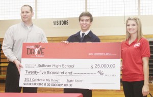 Photo by Keith Stewart Sullivan High School’s FFA and FCCLA were the recipients of a $25,000 State Farm grant, which was presented on Friday, December 6. Pictured, from left to right are: local State Farm Agent Duriah Delp, FFA vice-president Keegan Kruckeberg, and FCCLA member Gabby Uphoff.