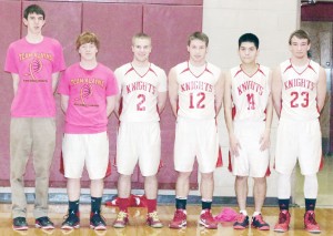 Photo by Susan Shadley Pictured are Arthur-Lovington’s boys’ basketball seniors, who were recognized last Wednesday (from left -right): Noah Yantis, Bradley Risley, Clayton Honn, Curtis Plank, Tham Kongdetudomkul, and Caleb Schrock. Not pictured is Logan West.