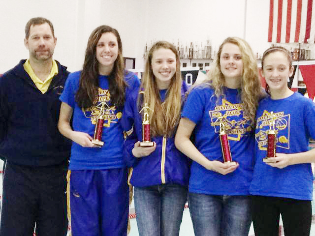 Submitted by Don Rousser Dolphins “Sprint to the End” Bradley Bourbonnais Swim Club hosted “Sprint to the End” at Bradley Bourbonnais High School Jan. 26.  Eighteen Blue Dolphin swimmers competed, and the following were high point winners: Emily Oligschlaeger first 8 and under division; Gabrielle Spain first 9-10 girls; Natalie Drury second place 11-12 girls; McKenna Kull first place 13-14 girls; Anna Wooters, third place 13-14 girls; Brynna Sentel first place 15 and over girls. Pictured from left to right are head coach Jason Drury, Brynna Sentel, Anna Wooters, McKenna Kull and Natalie Drury. Not pictured are Emily Oligschlaeger and Gabrielle Spain.