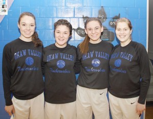 Photo by Jeni Yantis Okaw Valley’s girls’ basketball team recognized its seniors Saturday afternoon during their game against Shiloh. Pictured left to right are: Shelby Dash, Mollee Decesaro, Abigail Weybright, and Brooke Whitrock.