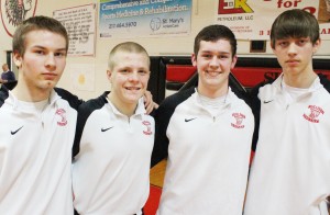 Photo by RR Best Pictured are the Sullivan boys’ basketball seniors, who were recognized at Friday’s basketball game against Central A&M. From left to right: Zak Britton, Shane Atchison, Cody Maxedon, and Derrick Stain.