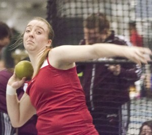 Photo by Keith Stewart ALAH shot putter Karly Goodman prepares to release Saturday morning at EIU’s Field House. Goodman’s throw of 39-1 1/4 bested her entire junior year and earned her first place.