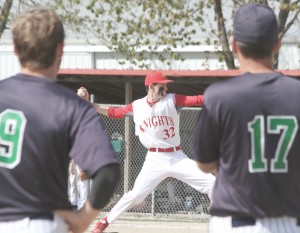 Photo by Keith Stewart ALAH’s Noah Yantis warms up at the mound during the first inning of Saturday’s game as Windsor head coach Mike Taylor (right) and WSS’s Christian Vonderheide (left) each watch from third base.