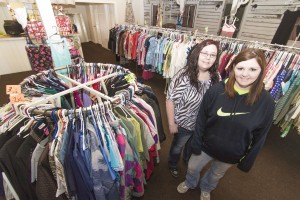 Photo by Keith Stewart Tiffany Hammer (right), owner of the new consignment shop the Clothesline in Sullivan, is seen next to her employee Donna Scheffer in the former Goldie’s Front Porch restaurant building, which now sits full of clothing and other accessories for sale.