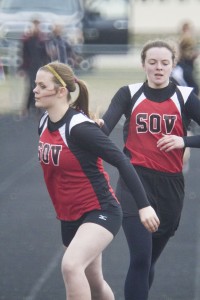 Photo by Keith Stewart SOV’s Annie Hogan hands off to Amy Monroe during the 4x8 relay.