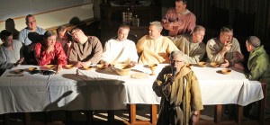 Photo by RR Best Pictured are the 12 disciples during the reenactment of the Last Supper at the First United Methodist Church. Pictured, left to right, are: Don Schmidgall, John Love, Steve Bonnett, Steve Austin, Dustin McDermith, Damon Moody, Mike Craig, Rich Benning, Mike Grose (with microphone), Jeff Gregory, Bruce Hecht, and David Sowers. The church will have the reenactment Thursday at 7:30 p.m.