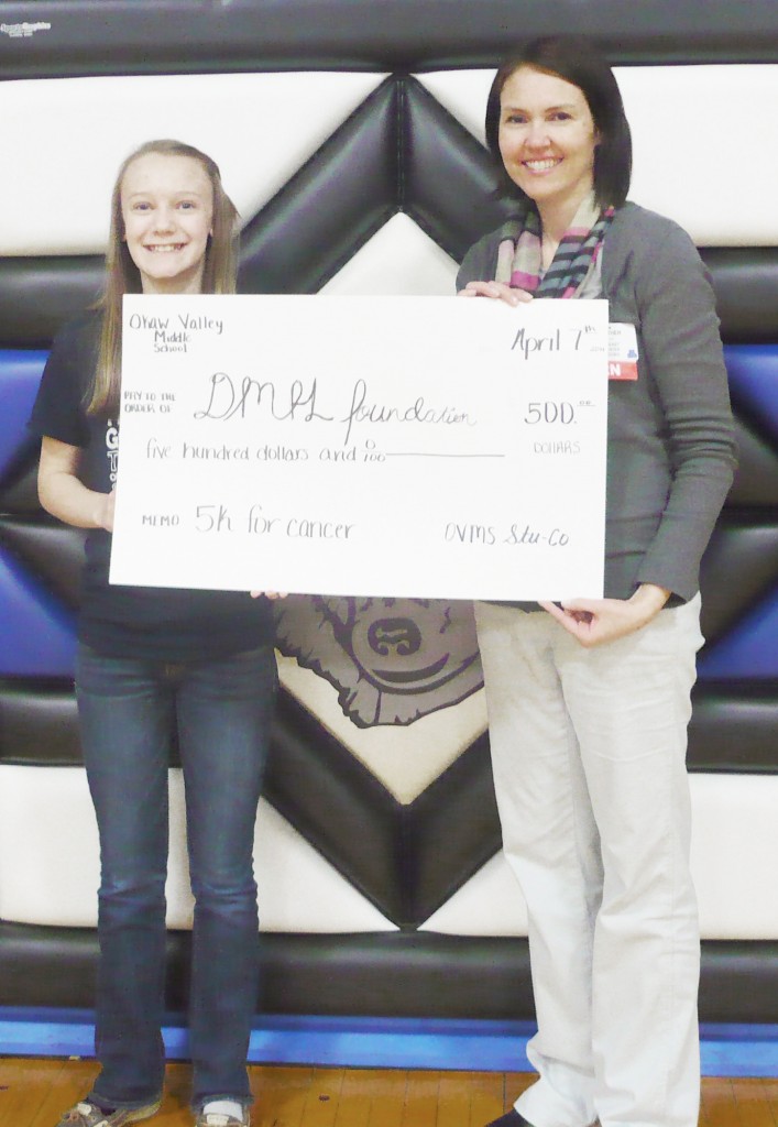 Submitted OVMS Student Council Donates This past October the Okaw Valley Student Council sponsored a 5K to raise money and awareness.  Though the event took place some time ago, the council found a perfect candidate to donate their earnings to in the DMH Mammography Initiative, which helps women without insurance and the financially unavailable, an opportunity for a mammogram test.  Last year the council raised $500 with their first 5K.  Looking to grow on the amount, the Okaw Valley Middle School will host the second annual 5K and 1 mile Fun Run this coming October 11.  To find more information visit facebook.com/OVMS5k or twitter.com/OVMS5kforcancer (@OVMS5kforcancer). Pictured is OVMS student council president Hannah Landreth (left) presenting Heather Ludwig of Decatur Memorial Hospital (right) a $500 check donation.