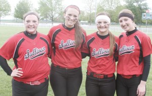 Photo by Keith Stewart The Sullivan softball team celebrated their seniors Saturday morning before their game against Okaw Valley. Pictured, from left to right, are seniors: Elizabeth Inman, Christina Brown, Taylor Gottfriedt, and Maggie Plank.