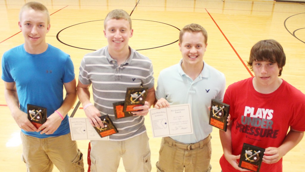 Photo by RR Best ALAH Baseball Awards The Arthur-Lovington/Atwood-Hammond baseball team held their awards’ banquet May 29. Pictured, left to right, are: Jeremy Plank, coaches award; Tyler Schuring, offensive player of the year, pitcher of the year, MVP, and second-team all-conference pitcher; Ross Ryan, defensive player of the year, second-team all-conference in-field; and Logan Conner, most improved.