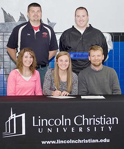 Photo by Jeni Yantis Abigail Weybright signed her intent to attend Lincoln Christian University and play basketball on May 16. Pictured, front row, left to right, are: mother, Erin Weybright, Abigail Weybright, and father, Shane Webright. Back row, left to right: Lincoln Christian College head women’s basketball coach Donnie Bowman and OV girls’ head basketball coach Don Gardner.