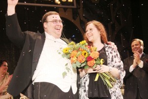 Photo by Keith Stewart Little Theatre actor John McAvaney looks on happily after proposing to his longtime girlfriend Kerry Maloney following a performance of “42nd Street” Saturday, June 14.