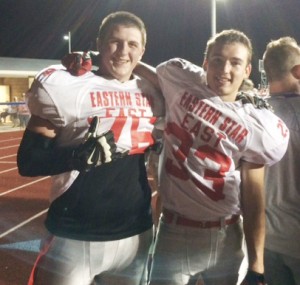 Submitted All-Star Football Griffin Sullivan (right) and Garrett Cuffle (left) joined several area 2014 seniors to play in the Order of the Eastern Star All Star football game on Saturday in Maroa. The West beat the East 27-24. Arthur-Lovington/Atwood-Hammond’s Logan West was also on the East team.