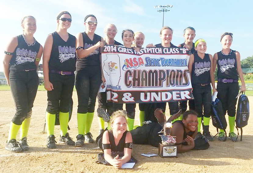 Submitted The Mo-Co Rush enjoyed one of their most successful weekends in program history the weekend of July 4 by placing four of five teams in the top five in their state tournament. The 18U finished fourth, 14U fifth, 10U fifth, and the 12U were crowned state champions of the NSA B State Tournament in Peoria. To win the title the 12U went undefeated at 6-0, but needed a miracle comeback in the championship game to take home the title. Down 9-2 in the final at bat with time expired the Rush got hit after hit, including the final walk-off base hit with two strikes and two outs to win 10-9. The 12U now stands at 52-20 on the season. For more info on the Rush and their upcoming tryouts go to www.mocorush.com Pictured above are the 12 & under team: Bottom row, left to right: Delaney Melton and Allie Dunn. Back row: Isabel Shafer, Molly Day, Madison Vogel, Shelby Frederick, Lindsey Mast, Jo Barbee, KayLee Hohlbauch, Liberty Dunaway, Addi Tinkle, and Destiny Williams.