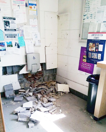 Submitted The Bethany Post Office suffered damage two weeks ago after a car struck it, shifting an entire wall.