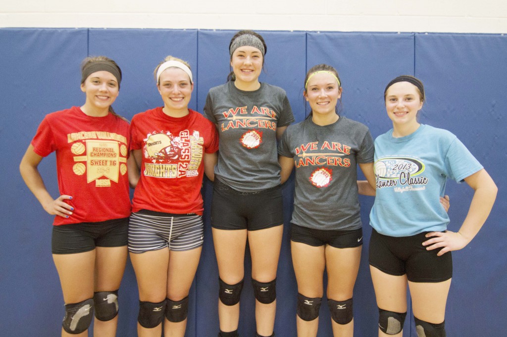 Photo by Keith Stewart Pictured are ALAH volleyball’s returning varsity letter winners, from left to right: Brooke Tabb, Elyse Harris, Emily Seegmiller, Felicia Wolfe, and Logan Kauffman. Not pictured is Alyssa McArthur.