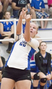 Photo by Keith Stewart Okaw Valley libero Savannah Birch looks to receive a Tri-County serve Tuesday night. 