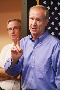 Photo by RR Best Rauner in Sullivan Illinois Republican gubernatorial candidate Bruce Rauner stopped in Moultrie County Sunday evening, just one of 38 counties on his Shake Up Express Bus Tour that began Friday, August 15 and was expected to conclude Wednesday,  August 20.