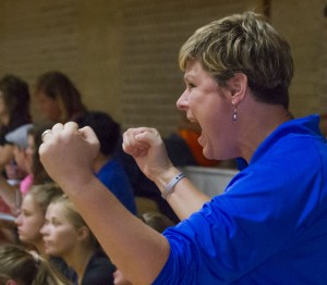 Photo by Keith Stewart Okaw Valley head coach Jody McCormick reacts excitedly after her team's come back against Neoga Saturday.