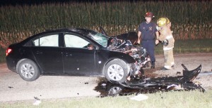 Photo by RR Best Pictured are the remains of a 2012 Chevrolet Cruze that collided head-on with a 1999 Harley Davidson  last Wednesday evening. The driver of the motorcycle, Leslie Harlin, of Mattoon, was prounounced dead at the scene.