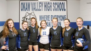 Photo by Joe Wheeler Pictured are the Okaw Valley volleyball seniors who were celebrated last Thursday at home against Bement (from left to right): Blair Monroe, Caity Ohm, Amanda McClain, Abby Vander Burgh, Savannah Birch, Haley Carlson, and Amy Orris. Not pictured is Amy Monroe.