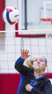 Photo by Keith Stewart OV senior Amy Orris watches the ball after her hit during the second set of Tuesday’s match against Neoga.