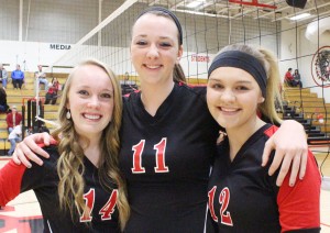 Photo by RR Best Pictured are the Sullivan volleyball seniors who were celebrated Monday night at home against Cerro Gordo (from left to right): Becca Pratt (manager), Brittin Boyer, and Emily Neuhauser.