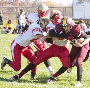 Photo by Keith Stewart ALAH’s Jordan Feagin is the first of three Knights to try and bring down LeRoy’s no. 36 Austin Starkey Saturday. Best as the Knights tried, they couldn’t stop the Panther’s ground game, particularly in the second half and fell 54-34, which booted ALAH from the playoffs.