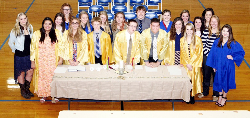 Photo by Jeni Yantis OV NHS Induction Okaw Valley High School held its National Honor Society induction ceremony recently. Pictured are the inductees and ceremonial officers. Front row, left to right: Olivia King, Madison Uhlrich, Skyler Birch, Seth Yeakel, Tyus Brooks, Sydney Hagerman, Brianna Creviston and Catherine Dwyer. Second row: Devan Nave, Nicole Miller, Savannah Birch, Gretchen Macklin, Charli Uhlrich, Justin Vander Burgh, Caity Ohm, Paige Harlin, and Amy Orris. Third row: Amanda McClain, Abby Vander Burgh, and Keeley Benning.  Not pictured: Joe Jeffers and Nick Tipsword.