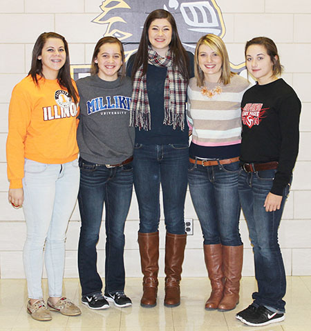 Photo by Sally McCarthy ALAH Volleyball Awards The Arthur-Lovington/Atwood-Hammond volleyball team held their awards’ banquet earlier this year following the conclusion of their season. Pictured, left to right: Kalli Martin - team spirit award; Kimberly Davis - hustle award; Emily Seegmiller - most valuable player, and 1st team all-LOVC; Elyse Harris - sportsmanship award; and Janette Comstock - Knights spirit award. Not pictured is Makayla Brown - most improved player, and Madison Brown, honorable mention all-LOVC.