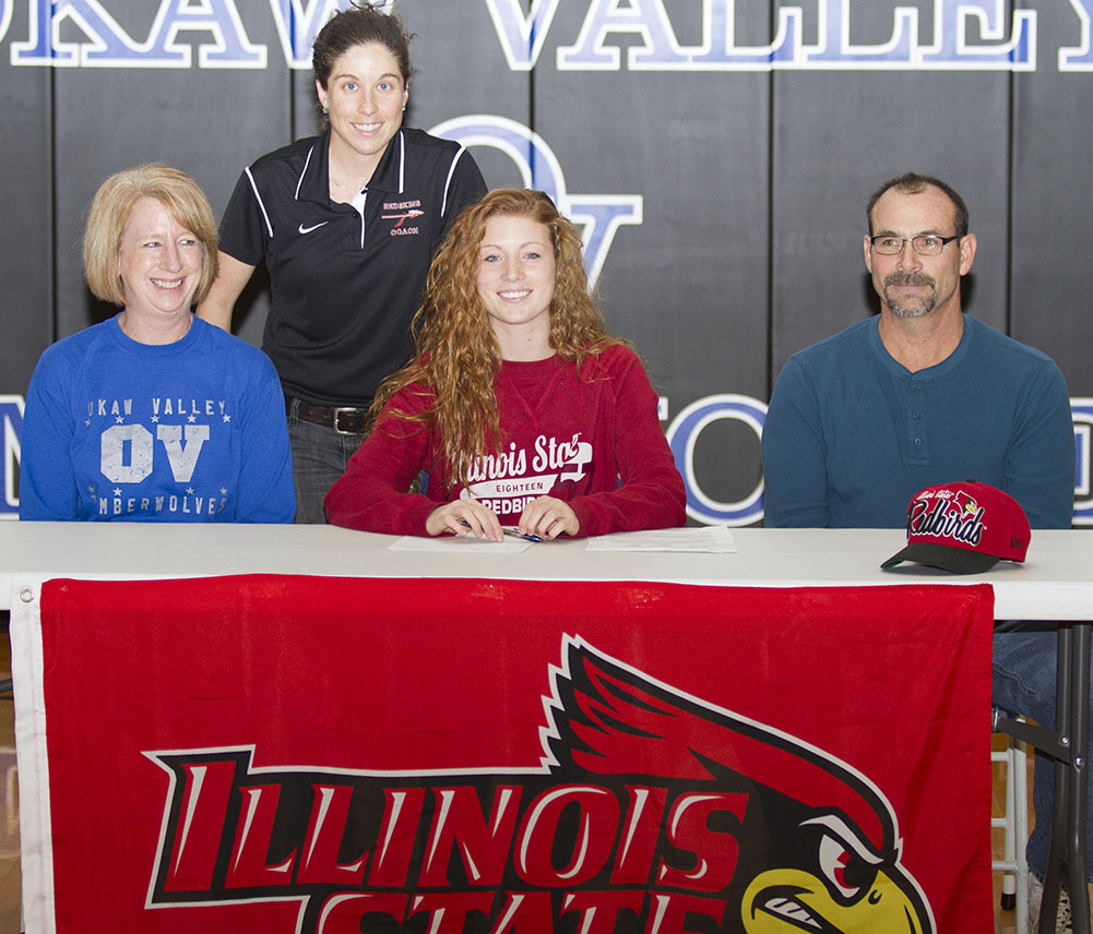 Photo by Keith Stewart Okaw Valley senior Amanda McClain signed her letter of intent to become an Illinos State track athlete on December 5. Pictured, left to right: mother Michelle, SOV girls’ track coach Kali Taylor, Amanda McClain, and father Rod.