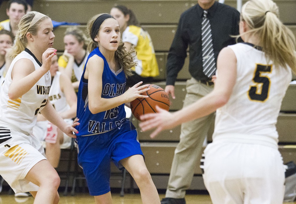 Photo by Keith Stewart Okaw Valley freshman Paige Robinson drives to the basket Monday night. After playing nearly all the JV game beforehand, Robinson was a much needed shoulder in the varsity game, which she started. Robinson led the Timberwolves with eight points in her team’s 45-26 loss.