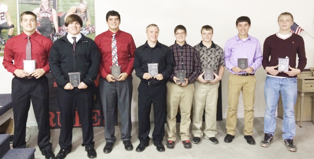 Submitted SOV Football Awards Pictured, left to right: Nick Frerichs, most valuable offensive back, Ill. high school football coaches association 3A all-state team quarterback; Levi Nadler, most valuable defensive back, Dakota Clayton, most valuable offensive lineman, Zach DeVore, most improved defensive player, Ross Metzger, most valuable offensive scout squad; Brandon Fleshner, most improved offensive player; Max Todd, most valuable defensive scout squad; Dalace Ray, most valuable defensive player.