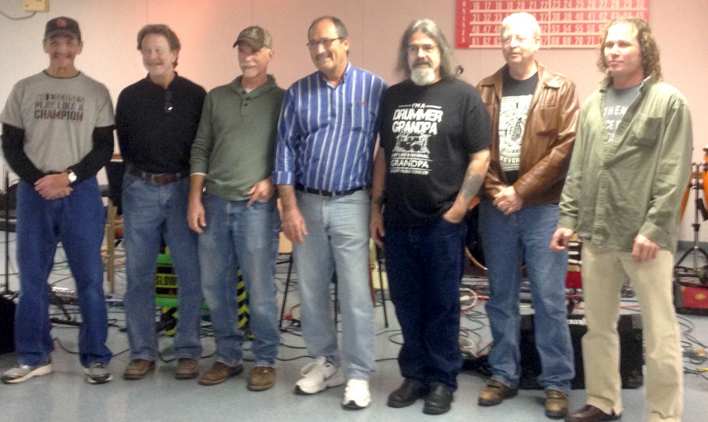 Submitted Pictured, from left to right, are members of Asa Creek, a popular local band: Dave Morgan, Scott Phillips, Keith Wood, Tim Gotts and Jan Courtright (original members), Jeff Trower and Jason Gotts, who are now performing with Asa Creek. The band reunited in full last month to celebrate the 60th birthdays of  Courtright, Wood, and Gotts.