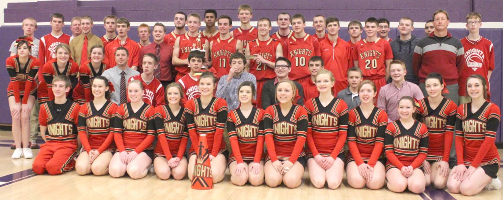 Photo by RR Best Pictured is the Arthur-Lovington/Atwood-Hammond basketball team along with the cheerleading squad after finishing first in the LOVC tournament Saturday.