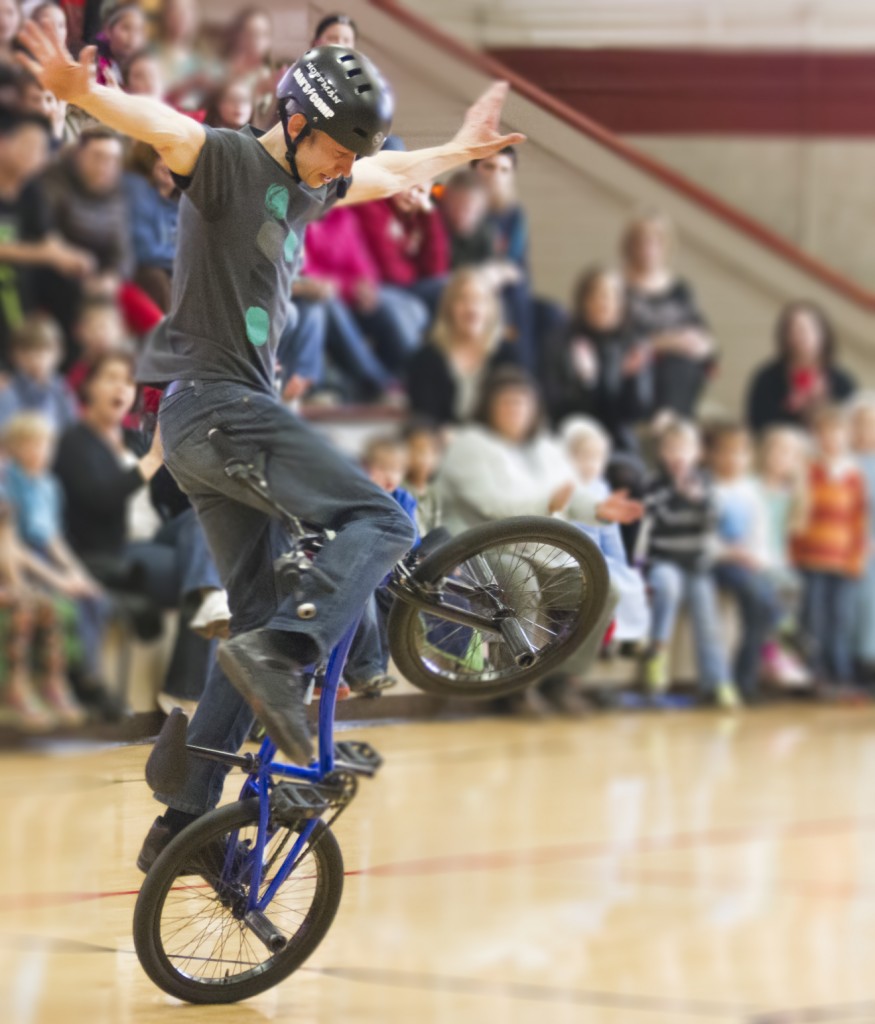 Photo by Keith Stewart Biking About Bullying Pro-BMX biker Matt Wilhelm visited Arthur Grade School and Atwood-Hammond Grade School on Thursday, February 12.  Wilhelm, known as the world’s fastest spinner on a bike, spoke to the assemblies about his career, hard work and first-hand experience with bullying. Wilhelm has appeared in the semifinals of America’s Got Talent, won 30 Seconds to Fame, and was featured with President Obama in “Stop Bullying: Speak Up” on Cartoon Network. Wilhelm is a Chicago native and Millikin graduate.