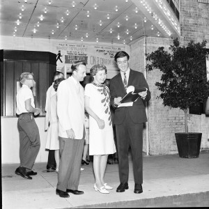 Photo by David Mobley/Courtesy of Booth Library Special Collections, Eastern Illinois University. Pictured is Guy LIttle, Jr. in front of the theatre with Jack Haskell (left) star of “On a Clear Day You Can See Forever” in July, 1967. 