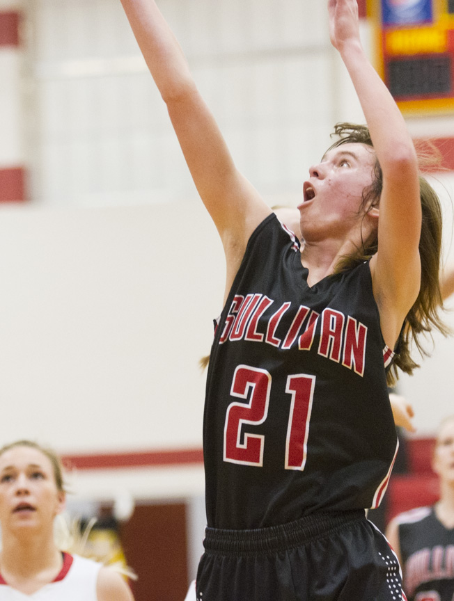 Photo by Keith Stewart Sullivan’s April Shuman watches her shot’s path to the basket during last Thursday’s CIC tournament final against Central A&M.