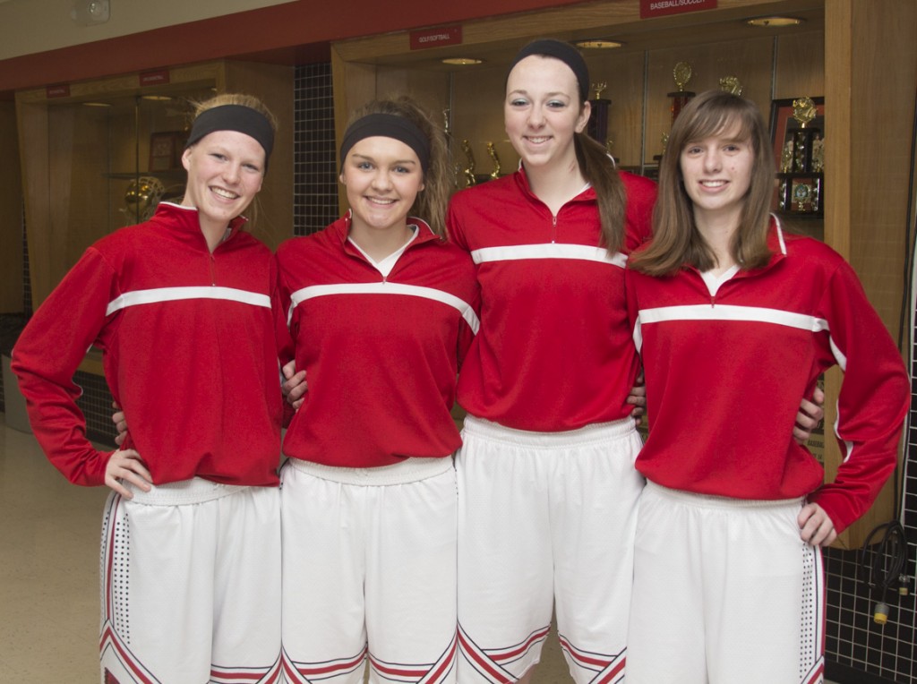 Photo by Keith Stewart The Sullivan Lady Redskins celebrated their four seniors Thursday night. Pictured, left to right: Elissa Stewart, Emily Neuhauser, Brittin Boyer, and April Shuman.