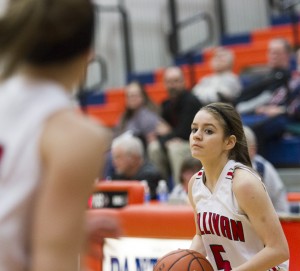 Photo by Keith Stewart Haley Rose looks to Emily Neuhauser Tuesday evening.