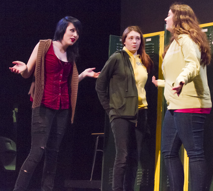 Photo by Keith Stewart Mary Farley as Debbie (left) delivers a body image to Bethany played by Summer Utley (right) as Rachel, played by Gillian Lange, (center) looks on.